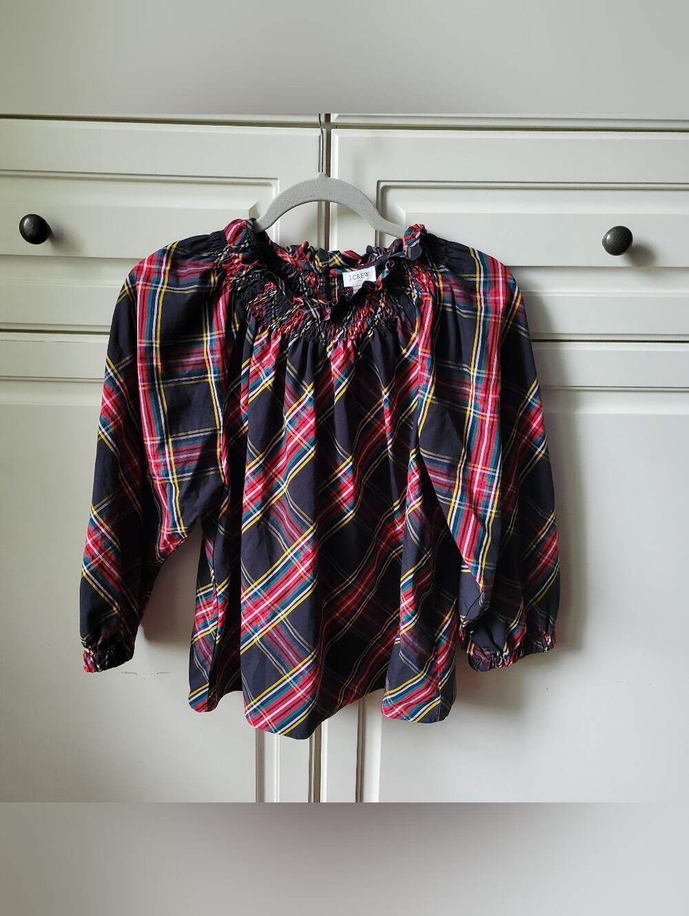Tartan J. Crew Blouse Ruffle Neck Long Sleeve Petite Medium
